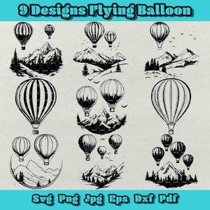Fliegender Ballon-Svg-Bundle, Heißluftballon Png, 9 fliegender Ballon-Design, Heißluftballon in der Bergszene, fliegender Ballon Silhouette SVG-Png