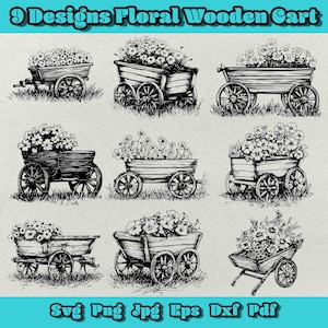 Floral Holz Warenkorb SVG Bundle, rustikale Blumen Warenkorb Clipart, Garten Dekor Png, Vintage Blumenwagen svg, Bauernhaus Frühling Dxf