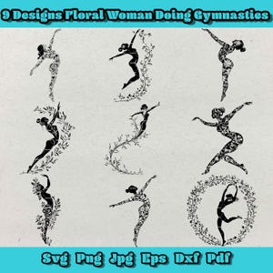 Pacchetto Svg di donna floreale che fa ginnastica, Clipart di silhouette di ginnasta, Png di ginnasta artistica, Dxf di ginnastica elegante, Set di design di flessibilità