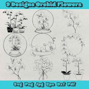 May include: Nine monochrome orchid flower designs are shown, featuring potted plants, a snow globe, and floral arrangements. The text "9 Designs Orchid Flowers" is at the top, with file type options at the bottom.