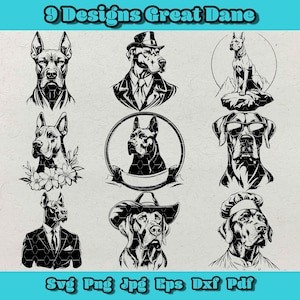Great Dane SVG Bundle, Floral Great Dane Png, Cute Great Dane Dog Clipart, Great Dane Silhouette, Dog Lover Digital Art, Chef Great Dane Dxf
