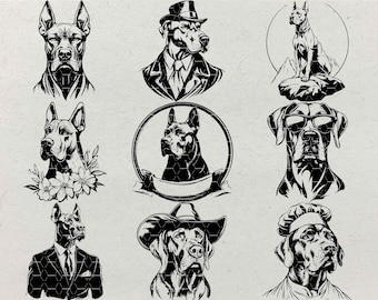 Paquete de imágenes prediseñadas SVG de danés, flores y perro chef (arte digital)