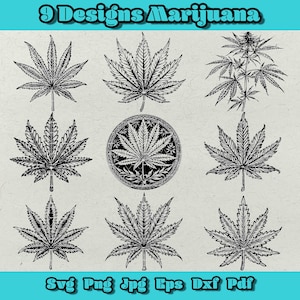 May include: Nine black and white illustrations of marijuana leaves in various styles. The illustrations are in a circle pattern on a light grey background.