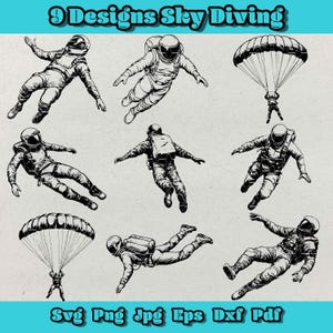 May include: Nine black and white illustrations of skydivers in various poses. The illustrations include a skydiver with a parachute, a skydiver in a freefall position, and a skydiver with a parachute open. The text "9 Designs Sky Diving" is at the top of the image.