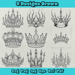 Paquete de coronas SVG, Corona de rey PNG, Corona de reina DXF, Corona vintage EPS, Silueta de corona, 9 diseños de coronas reales, Rey y reina, Monarquía