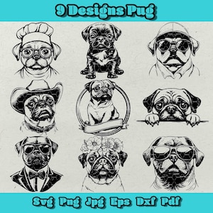 Pug Svg Bundle, Cute Pug Dog Clipart, Funny Puppy Silhouette Png, Adorable Pet Vector, Pug Face Art, Cartoon Dog Digital Design