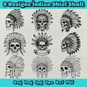 Może przedstawiać: Dziewięć czarno-białych ilustracji przedstawiających czaszki indiańskich wodzów z ozdobnymi nakryciami głowy. Czaszki są narysowane w szczegółowym stylu z misternymi wzorami na nakryciach głowy.