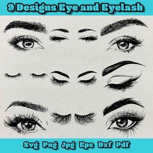 Oog en wimper Svg bundel, wimper clipart, schoonheidssalon png, eyeliner kunst dxf, wenkbrauw-svg, make-up logo eps, vrouwelijk oog pdf-set