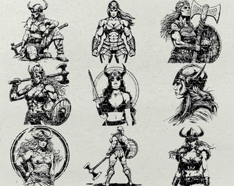 Lot femme Viking SVG : tête de guerrier, bouclier, hache (produit numérique)