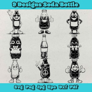 Soda Bottle SVG Bundle,Retro Cartoon Characters,Soda Clipart, Cute&Fun Cartoon Soda Bottle Clipart,Digital Design for Cricut and Sublimation