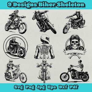 Biker Skeleton SVG Bundle | 9 Dark Motorcycle Skeleton Illustrations for Laser Engraving & Print | Gothic Biker Clipart Set