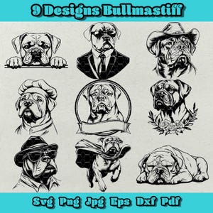 Bullmastiff Svg-bundel, schattige hond clipart, Bullmastiff silhouet png, waakhond dxf, huisdier minnaar ontwerp, bullmastiff kunstbestanden