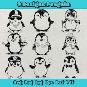 Pinguïn Svg-bundel, bloemenpinguïn png, politiepinguïn dxf, pinguïn die sneeuwbal speelt Svg, chef-kokpinguïn eps, vlinderdaspinguïn png, rapperpinguïn