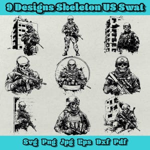 May include: Nine black and white digital illustrations of skeleton SWAT soldiers in various poses. The soldiers are holding rifles and are depicted in front of a variety of backgrounds, including buildings, rubble, and a circle.