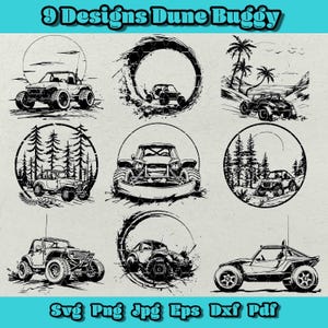 Puede incluir: Nueve ilustraciones en blanco y negro de buggys de dunas en diferentes entornos. Los diseños incluyen un buggy de dunas conduciendo a través de un círculo, un buggy de dunas conduciendo a través de un bosque, un buggy de dunas conduciendo en una playa y un buggy de dunas conduciendo en un camino de tierra. El texto "9 Designs Dune Buggy" está en la parte superior de la imagen.