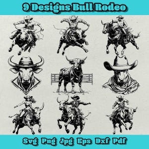 Bullen Rodeo-Svg-Bundle, Cowboy Reiten Clipart, Rodeo Ereignis Png, Wilder Westen Dxf, Bull Rider Design-Set für Cricut und Silhouette