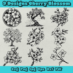 Paquete SVG de flor de cerezo, Sakura japonesa, Flor de cerezo, Flor, Clipart de Sakura, Ilustración gráfica de árbol dibujada a mano, EPS