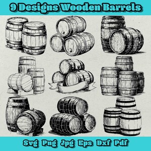 Op de afbeelding: Zwart-wit illustratie van negen ontwerpen van houten vaten. De vaten worden in verschillende opstellingen weergegeven, sommige gestapeld, andere alleenstaand. De tekst "9 Designs Wooden Barrels" staat bovenaan. Bestandstype-opties staan onderaan.
