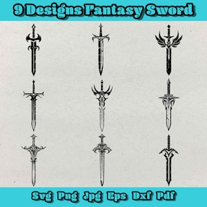 May include: Nine black and white fantasy sword designs. The swords have different shapes and styles, including a winged sword, a sword with a cross guard, and a sword with a curved blade.