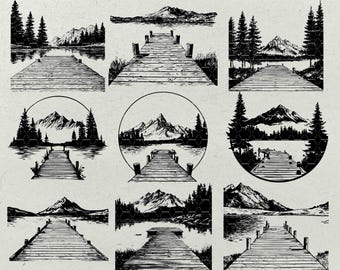 Wooden Pier SVG Bundle: Lake Cabin Engraving Art for Laser Projects