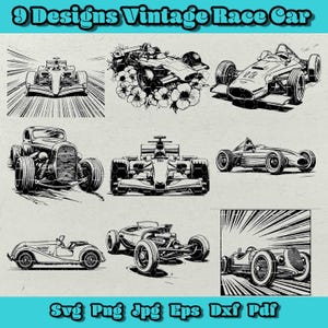 Puede incluir: Nueve ilustraciones en blanco y negro de coches de carreras vintage. Las ilustraciones están en una variedad de estilos, incluyendo dibujos animados, realistas y estilizados. Los coches están todos en diferentes poses, algunos conducen, otros están aparcados y otros están en el aire. Las ilustraciones están todas en un esquema de color blanco y negro.