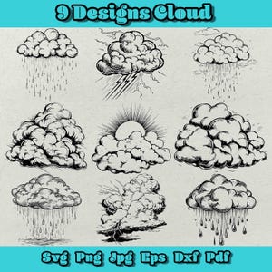 May include: Nine black and white illustrations of clouds in various weather conditions, including rain, lightning, and sunshine. The illustrations are drawn in a vintage style.