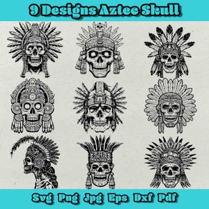 May include: Nine black and white illustrations of Aztec skulls wearing headdresses with feathers. The skulls are in various poses, some with their mouths open and some with their mouths closed. The text "9 Designs Aztec Skull" is at the top of the image. The text "Svg Png Jpg Eps Dxf Pdf" is at the bottom of the image.