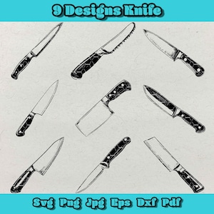 May include: Nine black and white line art illustrations of different types of knives. The text "9 Designs Knife" is at the top of the image. The text "Svg Png Jpg Eps Dxf Pdf" is at the bottom of the image.