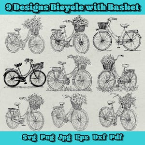 かご付き自転車 SVG バンドル、自転車のシルエット、かご付き自転車 PNG、スポーツのイラスト、花柄の自転車かご付き SVG、自転車のクリップアート DXF