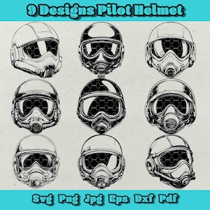 Pacote de capacete de piloto Svg, clipart de capacete de aviação, piloto de caça Png, equipamento de voo vintage Dxf, design vetorial de capacete da força aérea