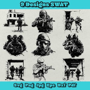 Op de afbeelding: Negen zwart-wit illustraties van SWAT-teamleden in verschillende poses, waaronder een team dat een gebouw betreedt, een teamlid dat een geweer richt en een teamlid met een helm en masker. De tekst "9 Designs SWAT" staat bovenaan de afbeelding.