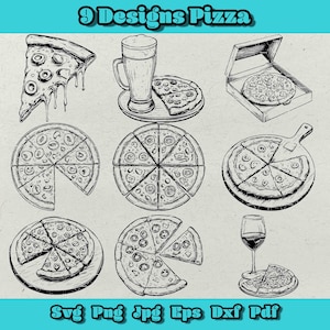 Pizza Svg-bundel, handgetekende pizzapunt Svg, voedsel Clipart Png, pizzadoos Dxf, 9 ontwerpen voor ambachten, vinylprojecten en stickers
