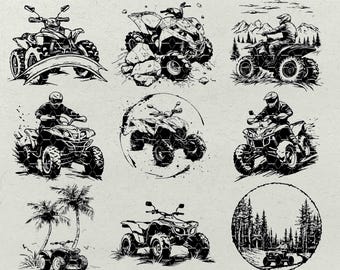 May include: Nine black and white illustrations of quad bikes in different settings. The illustrations include a quad bike in the sand, a quad bike in the mountains, a quad bike in the woods, and a quad bike in a field. The illustrations are all in a simple, cartoon style.