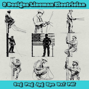 Puede incluir: Nueve ilustraciones en blanco y negro de electricistas trabajando en líneas eléctricas. Las ilustraciones presentan una variedad de poses, incluyendo escalar postes, trabajar en cables y estar de pie con una bandera estadounidense.