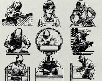 Puede incluir: Nueve ilustraciones vectoriales en blanco y negro de soldadores en varias poses. Las ilustraciones incluyen un soldador con una máscara de soldar, un soldador con una antorcha de soldar y un soldador con un casco de soldar. El texto "9 Designs Welder" está en la parte superior de la imagen. El texto "Svg Png Jpg Eps Dxf Pdf" está en la parte inferior de la imagen.