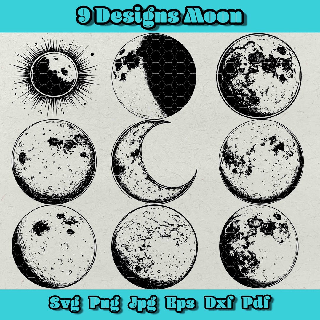 Moon Svg Bundle, 9 Enchanting Lunar Designs, Celestial Clipart Png ...