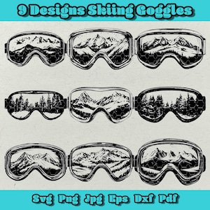Skiing Goggles Svg Bundle, Winter Sports Clipart, Ski Mask Png, Mountain View Goggles Dxf, Snowboarding Design Set, 9 Skiing Goggles Files