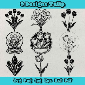 Paquete de tulipanes SVG, flores SVG, flores PNG, botánico SVG, ramo de tulipanes DXF, belleza dual, San Valentín SVG, Día de la Madre, amor PNG, planta