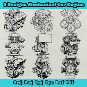 機械式自動車エンジンSVGバンドル | レーザー彫刻とCNC加工用エンジンデザイン9点 | 自動車整備士のクリップアート、ベクターアート