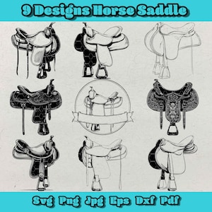 May include: Nine horse saddle designs in black and white, with varying styles and details. The image includes text at the top that reads "9 Designs Horse Saddle" and text at the bottom that reads "Svg Png Jpg Eps Dxf Pdf".