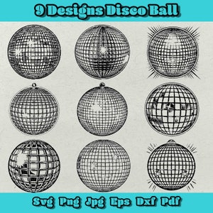 May include: Nine black and white illustrations of disco balls. Each illustration is a different design of a disco ball.