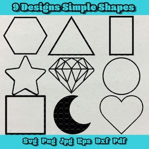 Puede incluir: Un gráfico digital con nueve formas negras simples: un hexágono, un triángulo, un rectángulo, una estrella, un diamante, un círculo, un cuadrado, una luna creciente y un corazón. El texto "9 Designs Simple Shapes" está en la parte superior.