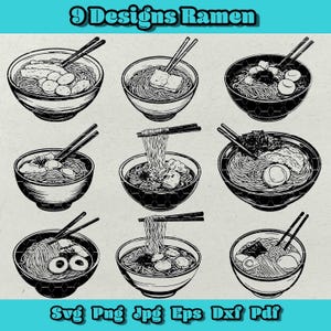Pacote Ramen Svg, Clipart de Tigela de Macarrão Japonês, Silhueta de Comida Asiática Png, Sopa Quente Dxf, Arte Tradicional de Macarrão, Design de Comida de Rua