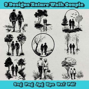 Paquete de siluetas de pareja caminando por la naturaleza, 9 siluetas románticas, siluetas caminando por el bosque, imágenes prediseñadas de amor y naturaleza, escenas al aire libre, diseño de grabado láser