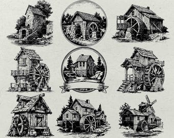Vintage Watermill Svg Bundle, Rustic Water Wheel Clipart, Laser Engraving Mill Design, Black White Farm Scene, Pdf Png Dxf Eps