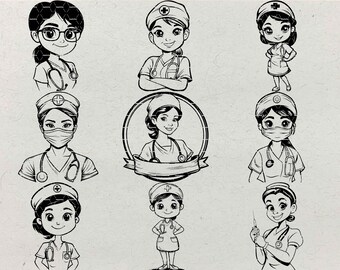 Paquete SVG de enfermeras de dibujos animados: diseños de imágenes prediseñadas médicas (descarga digital)