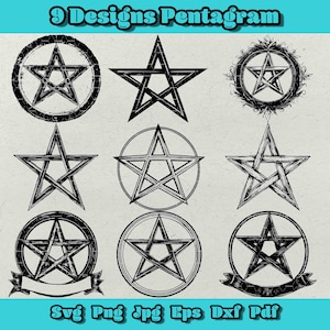 Könnte beinhalten: Neun verschiedene Designs eines Pentagramms, ein fünfzackiger Stern, in Schwarzweiß. Einige Designs sind in einem Kreis, andere in einem Quadrat und wieder andere in einem Kranz. Der Text "9 Designs Pentagram" befindet sich oben im Bild.