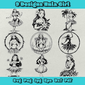 Pacote SVG de Hula Girl, Clipart de dançarina havaiana, Tropical Hula Girl Svg, Festa de Luau Png, Dança polinésia Dxf, Pacote de design de ilha