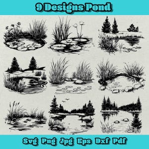 Pond Svg Bundle, Cena de Água Tranquila Clipart, Lily Pad e Peixe Png, Paisagem Natural Dxf, Conjunto de Silhueta de Lagoa de Jardim