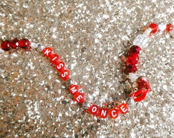 Kiss Me Once • Kylie Minogue Friendship Bracelet • Tension Tour • Glass Acrylic Beads • Red Lip • Glitter Heart Charm • Festival • Jewellery